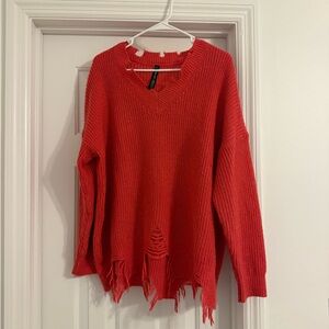 Pink Distressed V-Neck Sweater